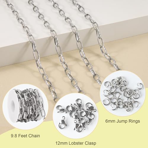 SMYHTGLIF 3 Meters Stainless Steel Chain Bulk Silver Unwelded Paperclip Chain for Jewelry Making Embossed Oval Link Jewelry Making Supplies - color: Embossed Paperclip Silver