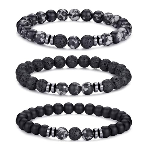 RANKEEF Tiger Eye Bracelet For Men 8MM Natural Stone Stretch Adjustable Black Crystal Beaded Bracelet for Men Women Gifts - color: 3,black,gray,lava rock bracelet