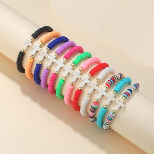 12pcs Friendship Bracelets Beaded Bracelets Heishi Bracelet Cute Bracelets Stack Vinyl Clay Disc Bead Surfer Stretch Summer Beach Bracelets For Women Preppy Bracelets - color: M
