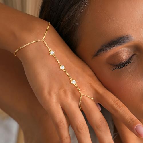 CHESKY 14K Gold Plated Hand Chain Bracelets for Women Set - Dainty Finger Ring Bracelet Stack Adjustable Hand Chains Durable Beaded Bracelets Trendy Simple Body Jewelry Gift for Women - style: 1CZ bracelet-gd