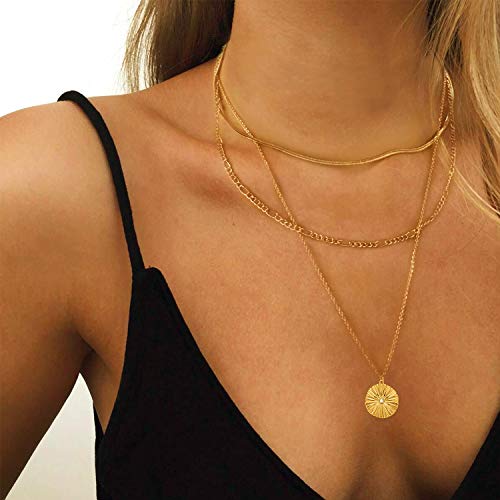 LANE WOODS Gold Plated Necklaces for Women - Multilayer Coin Medallion Pendant Necklace Adjustable Layering Choker Necklaces Chain Set Jewelry - style: Sunburst-Gold