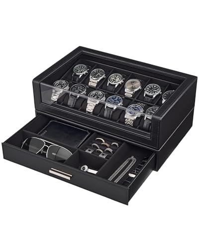 ProCase Watch Box for Men, 12 Slots Watch Display Holder with Clear Acrylic Top, Large Capacity PU Leather Case with Drawer Organizer, Jewelry Storage, Ideal Gift for Men Women -Black - color: Black, size: 12-Slot