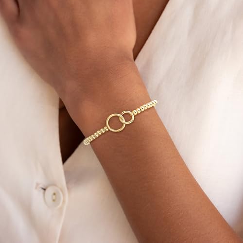 Mothers Day Gifts - Beaded Bracelets for Women 14K Silver Gold Plated Stretch Handmade Ball Bracelets Cute Charm Bracelet Dainty Stackable Cross Heart Bow Wave CZ Circle Trendy Jewelry Easter Gifts - color: double-circle