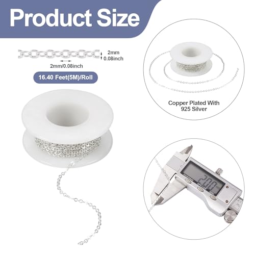 Pandahall 925 Sterling Silver Plated Necklace Chains 16.4 Feet Soldered Cable Chains 2x2x0.3mm Flat Oval Jewelry Chains for Bracelet Necklace Jewelry Making