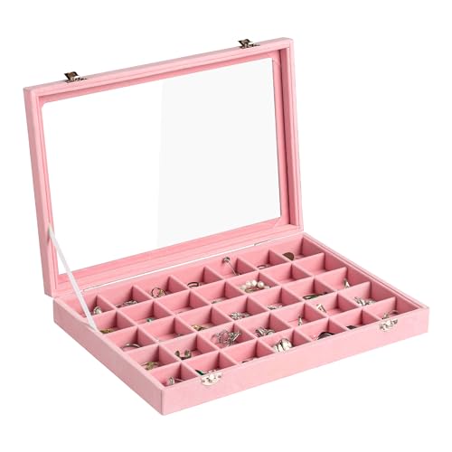 Frebeauty Velvet Jewelry Tray,35 Grid Jewelry Organizer with Clear Lid,Earring Holder Organizer Case with Clasp,Drawer Insert for Rings Studs,13.8 x 9.5 x 2 Inches,Gift for Women Girls(Pink) - color: Pink, size: 35 Grid