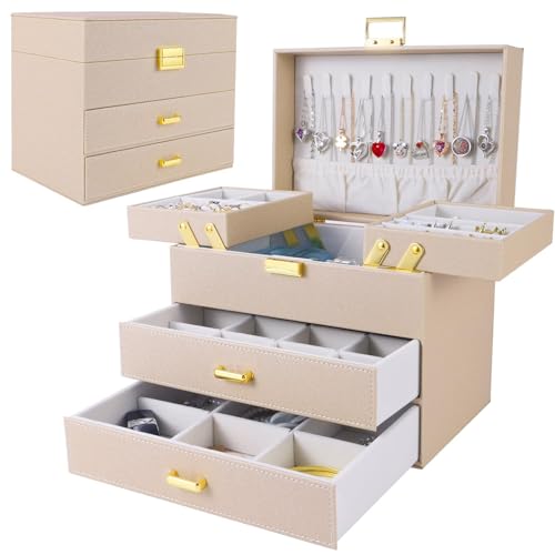 Dajasan Jewelry Organizer Box, Jewelry Holder Organizer Box, PU Leather Jewelry Box, Gift Idea for Valentine's Day, Birthday, Mother's Day, Christmas (Champagne) - color: Champagne + Gold