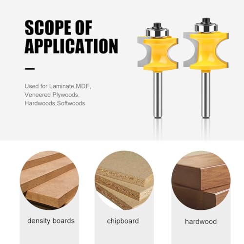 5PCS Bullnose Beading Router Bits with 1/4-Inch Shank Carbide-Tipped Corner Beading Bits Set Radius:1/4",3/8",1/2",5/8",3/4"