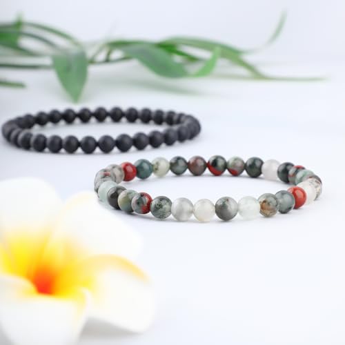 NCB 2.3-Piece 4mm Natural Crystal Gemstone Stretch Bracelets – Handmade Reiki Energy Healing Jewelry for Meditation,Yoga, Unisex - color: 2PCS ( African Bloodstone+Matte Black Agate ), size: 6mm