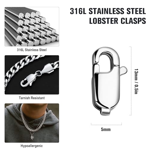20PCS 13MM Lobster Clasps 316 Stainless Steel Lobster Claw Clasps Bulk for Necklace Bracelet Jewelry Making DIY Craft - color: Stainless Steel, size: 13MM