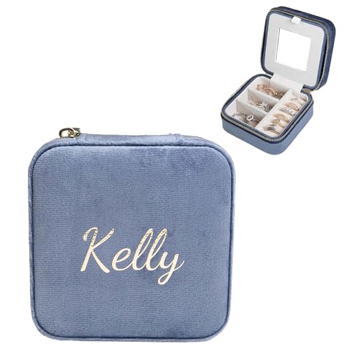 Customizable Compact Velvet Jewelry Box with Mirror, Travel Jewelry Case, Travel Jewelry Organizer, Jewelry Box for Women and Girls, Small Jewelry Organizer (Center Text, Coral Blue) - color: Coral Blue, size: Center Text Only