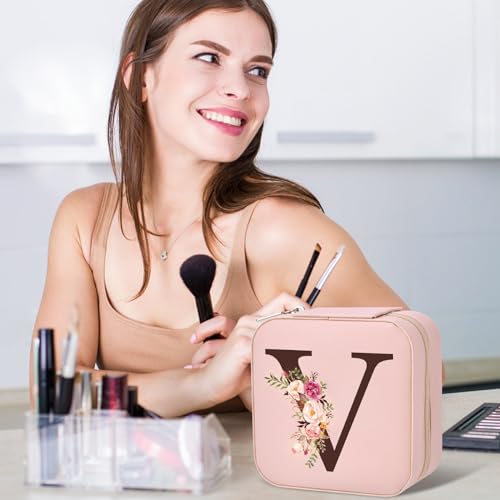 Small Travel Jewelry Case for Women, Initial Travel Jewelry Case Box Organizer Personalized Gifts, Fashion Travel Essentials Trendy Stuff for Teen Girls, Pink V - style: V