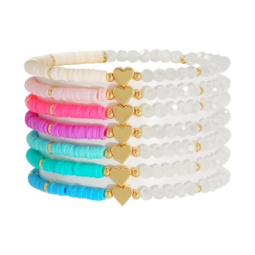 RISHEGAE Heishi Beaded Stretch Bracelets for Women Stackable Polymer Clay Beads Bracelets Friendship Boho Summer Beach Bracelet Jewelry Set - color: C-Small blue clay 7pcs
