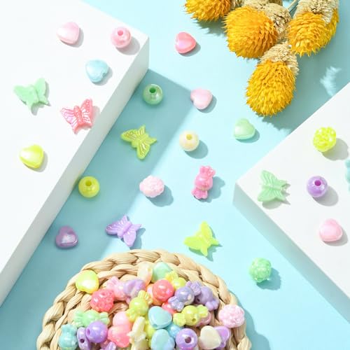 Ipotkitt 1 Box AB Color Opaque Acrylic Beads Candy Color Spacer Bead Kit Round Heart Butterfly Candy Rose Beads for Bracelets Jewelry Making DIY Crafts - color: 1box-Mixed Shapes-9~13mm
