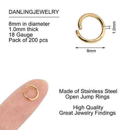 DanLingJewelry 200 pcs 304 Stainless Steel 19 Gauge Open Jump Rings 8mm for Jewelry Making Connectors Jewelry Finding Golden Color - color: 200 pcs - ф8mm δ 1mm - Golden