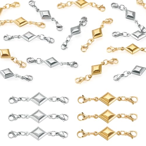 16Pcs Rhombus Charms Double Lobster Claw Clasps, 304 Stainless Steel Necklace Bracelet Extension Clasp Closures Jewelry Connector 2 Colors for Jewelry Making Findings - color: Golden & Stainless Steel Color, Rhombus