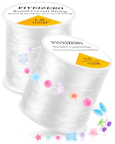 2 Rolls FIVEIZERO Elastic Bracelets String Cord, 0.8/1mm Round Crystal Elastic String for Bracelets Necklace Beading & Jewelry Making, White Transparent Stretch Bead Cord Thread - size: 0.8+1mm Round Crystal Clear (2 Pack)
