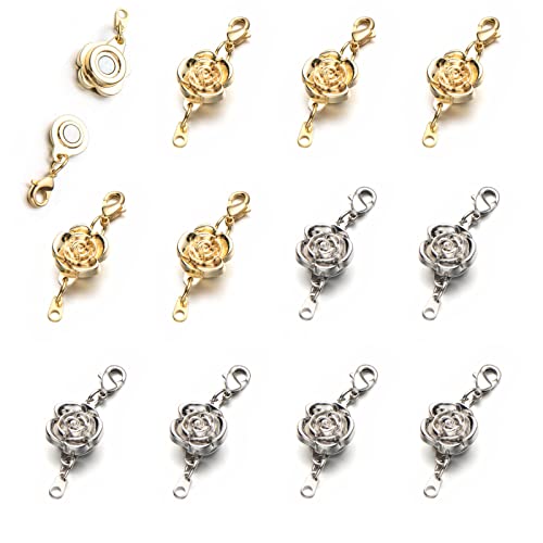 Zpsolution 12 Pieces Locking Magnetic Necklace Clasps and Closures Rose Magnetic Clasp for Jewelry Necklace Bracelet - color: 6 Glod 6 Silver