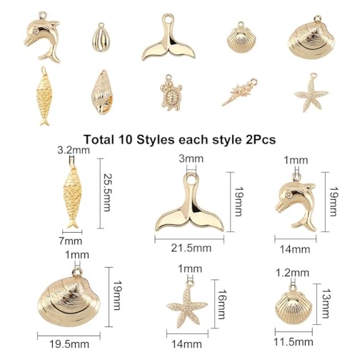 SUNNYCLUE 1 Box 10 Styles Real 18K Gold Plated Ocean Theme Charms Sea Animal Charms Shell Starfish Dolphin Fish Tortoise Dangles Bulk for DIY Earring Necklace Bracelet Jewelry Making - color: 18k Gold Plated 20pcs Charms