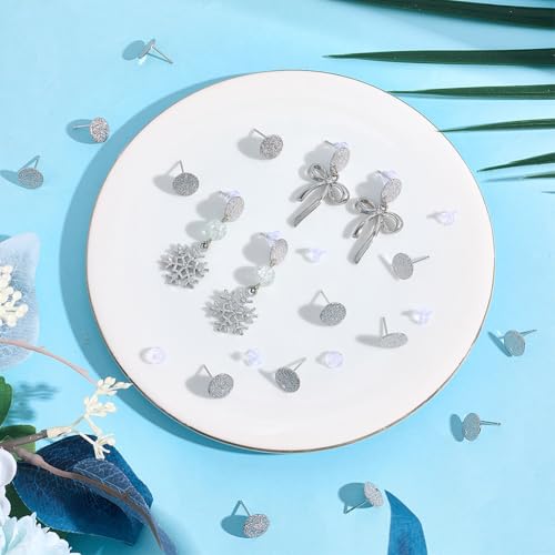 Beebeecraft 1 Box 32Pcs Flat Round Earring Studs for Jewelry Making Platinum Plated Brass Frosted Surface Round Earring Posts with Loop Hole and 40Pcs Plastic Ear Nut for DIY Ear Crafts Supplies - color: Silver