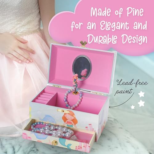 The Memory Building Co Mermaid Musical Jewelry Box Plays Classic Melody, Storage Organizer Music Box for Kids Ages 6-12, MDF Wood w/ 2 Fabric Lined Ring Bracelet Necklace Treasure Compartments - style: Mermaid