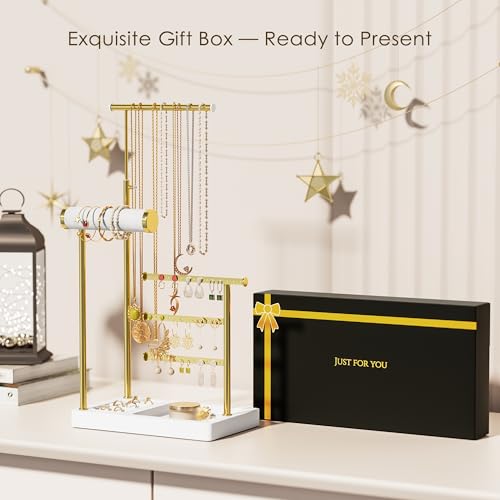 SZQINJI 5 Tier Jewelry Holder Organizer, Gold Jewelry Stand with Velvet Bracelet Holder, Adjustable Height Jewelry Display for Necklaces, Bracelets, Earrings, Rings, Gift Idea for Women, White - color: White