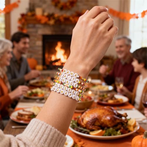 Thanksgiving Stackable Bracelet for Women Set Colorful Beads Rubber Ring Elastic Layering Letter Disc Maple Leaf Pendant Clay Stretch Fall Bracelets Fall Costume Bracelet Jewelry for Women - style: Style4