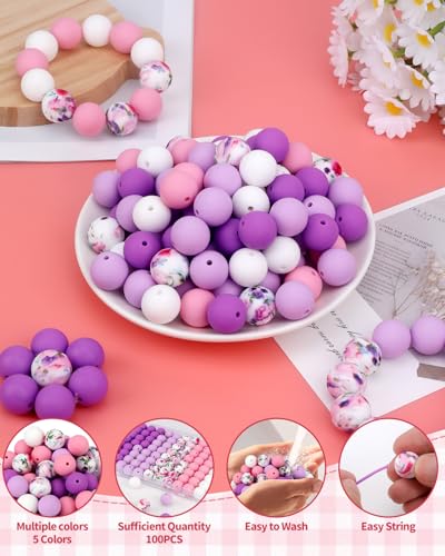 100 Pcs 15mm Silicone Beads for Keychain Making, Purple White Silicone Beads Bulk Round for Bracelets Pens Crafts Jewelry Making (Purple White) - color: Purple White