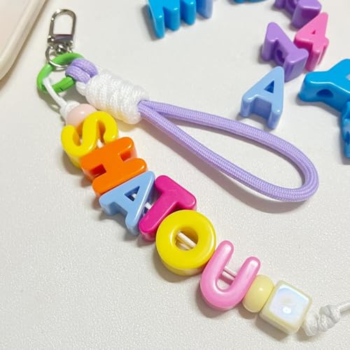 Mixed Color Big Hole Acrylic Number Letter Beads for Keychain Making Kit, 3D Letter Key Chain Making Kit with A~Z Alphabet Letters / 0~9 Numders/Round Beads/Wrist Straps/Carabiners/Cotton Rope