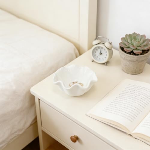 White Flower Jewelry Dish Tray, 3.85″ Lotus Ceramic Ring Holder, Cute Vanity Organizer Nightstand Bathroom Decor, Trinket Plate Dish Christmas Valentine's Mother's Day Birthday Gifts for Women (Plain) - style: Plain