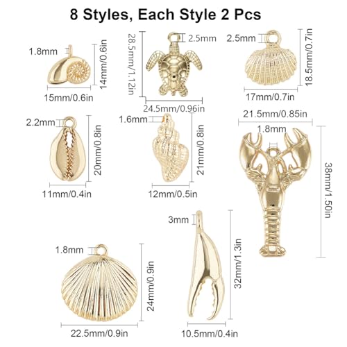 SUNNYCLUE 1 Box 54g Real 14K Gold Plated Charms Bulk Gold Summer Ocean Charm 16Pcs Sea Theme Marine Life Charms Starfish Shell Charm Pendant for DIY Christmas Earring Bracelet Jewelry Making Supplies - color: 14K Gold Plated Charms