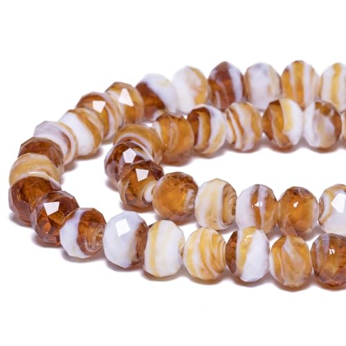 7.5×10mm 50pcs Brown White Facted Lampwork Glass Beads for Jewelry Making, Flat Round Handmade Murano Beads for Bracelets, Crafts, Friendship Bracelet Kit, Rosary Making - color: Brown White