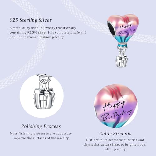 925 Silver Charms Pendants For Pandora Bracelet Golden charms Bead Safety Chain Clip set Heart Flower Animal Beads Family, Mom, Friend, Daughter, Birthday, Jewelry Gift - style: G-Happy Birthday Hot Air Balloon