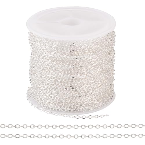 Cheriswelry 32.81Feet/10m Silver Necklace Chain Flat Oval Cross Curb Chain Brass Coated Iron Cable Chain with Spool 2.5x2x0.3mm for DIY Crafts Bracelet Choker Jewelry Making - color: Silver
