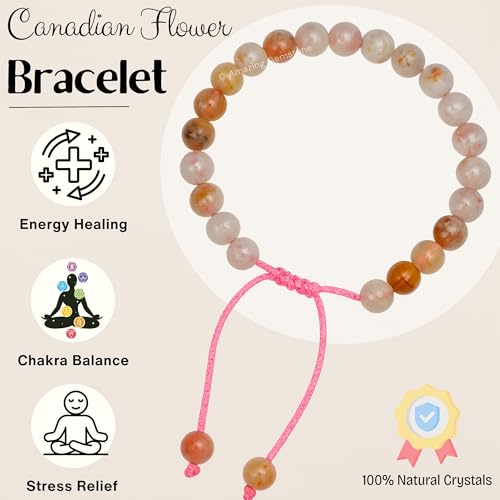Amazing Gemstone Canadian Flower Agate Bracelet for Women Men's Gifts - Protection Healing Crystal Bracelet - 8mm Gemstone Beaded Adjustable Bracelet Pulseras Para Hombres Mujer Stocking Stuffers - color: Canadian Flower Agate