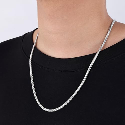 Fiusem Flat Box Chains for Men, 2.5/3/4/4.5/5mm Silver Tone Box Chain Necklace, Stainless Steel Necklaces for Men and Women 16-28 Inches, Jewelry Gift - size: 28 Inches, style: Silver 4MM