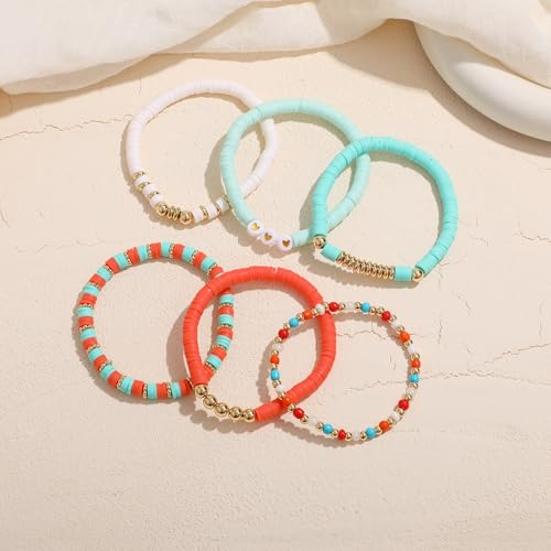 RISHEGAE Heishi Beaded Stretch Bracelets for Women Stackable Polymer Clay Beads Bracelets Friendship Boho Summer Beach Bracelet Jewelry Set - color: D-A orange 6pcs
