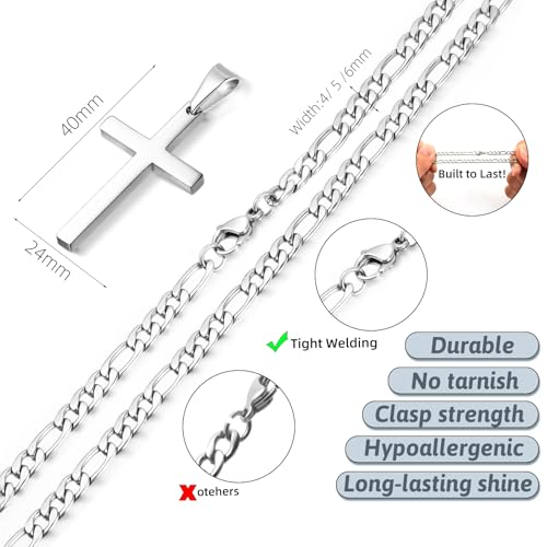 CaptainSteeL Cross Necklace for Men - Stainless Steel Silver/Gold Plain Cross Pendant Necklace Simple Jewelry Gifts, 20/22/24/26 Inches 3:1 Figaro Link Chain 4/5/6mm Width - size: 26inch, style: 5mmSilver