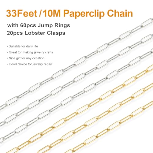 Kyutong 2 Rolls Paperclip Chain for Jewelry Making 32.8 Feet Jewelry Chain Links Silver and Gold Chains Bulk with Lobster Clasps and Jump Rings for DIY Craft Finding Jewelry Making Supplies - color: 2.8×7.6 Paperclip Chain