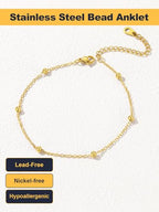U7 Women Girls Barefoot Jewelry 18K Gold or Rose Gold Stainless Steel Heart/Rope/Figaro/Cuban Chain Anklet Foot Bracelet, 25-30 CM Long - color: Gold Plated-Bead Chain