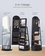 SONGMICS 360° Swivel Jewelry Cabinet, Full-Length Arched Mirror with LED Lights, Magnifying Mirror, Storage Shelves, Drawer, Ink Black UJJC030BC01 - color: Ink Black