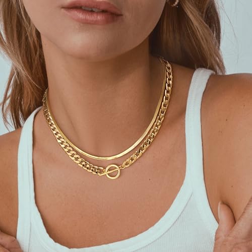 CHESKY 14K Gold Plated Chunky Necklace for Women, Trendy Paperclip Chain Necklace Thick Cross Heart Pendant Necklace Layered Herringbone Cuban Link Chain Toggle Necklaces Non Tarnish Jewelry - color: gold, style: cuban+herringbone
