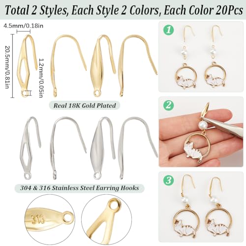 SUNNYCLUE 1 Box 80Pcs 4 Styles French Fish Hook Earring Findings Stainless Steel Ear Wire Hooks Metal 18K Gold Plated Silver Wide Earrings Hook Wires with Vertical Loop for Jewelry Making DIY Crafts - style: Teardrop 1