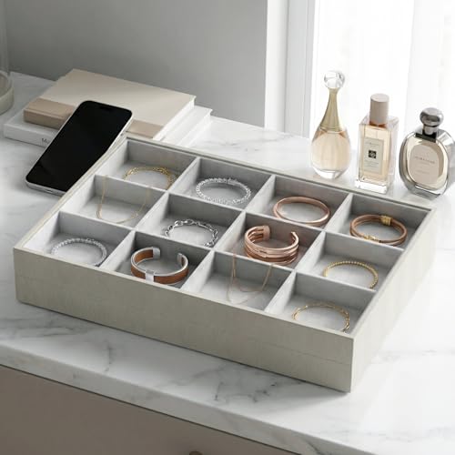 2-Piece Gray leather Stackable Jewelry Organizer Tray Set, Bracelet Ring Earring Holder Box, Necklace Display Stand for Storage and Retail Display (12 Grids) - style: 12 Grids