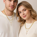 Fiusem Layered Cross Necklace for Men, Silver Tone/14K Gold Plated Mens Necklace Chain with Cubic Zirconia Cross Pendant, Stainless Steel Cuban and Rope Chain - color: Gold, size: 18/20 Inches
