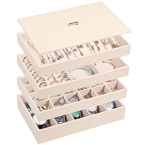 Voova Stackable Jewelry Organizer Tray with Lid, PU Leather Jewelry Storage Holder for Drawer Inserts, Jewellery Display Box Case for Earring Necklace Ring Watch Bracelet (Set of 4, Apricot) - color: Apricot