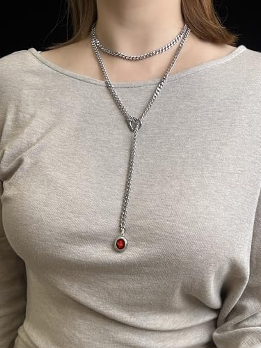 Heart Slip Chain Necklace for Women, 39 Inch Cuban Chain, Removable Heart O-Ring, Crystal Pendant, Adjustable Stainless Steel Y-Necklace - color: Silver-Red