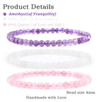 NCB 2.3-Piece 4mm Natural Crystal Gemstone Stretch Bracelets – Handmade Reiki Energy Healing Jewelry for Meditation,Yoga, Unisex - color: 3PCS ( Amethyst+Pink Quartz+White Jade ), size: 4mm