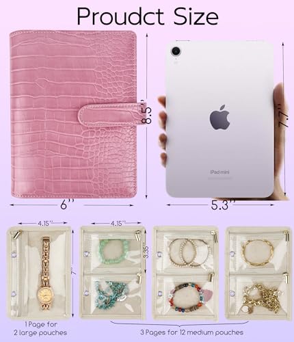 Travel Jewelry Organizer Case,Small Jewelry Bags Jewelry Storage Book Ring Binder with Clear Zipper Velvet Pouch for Women Traveling,Earrings, Rings, Necklace, Bracelet (Pink) - color: Pink