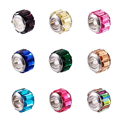 Cheriswelry 100pcs Crystal Faceted Glass European Beads Large Hole Rondelle Column Slide Charms Loose Spacer with Silver Brass Core for DIY Bracelet Snake Chains Jewelry Making - color: Faceted Rondelle-Glass
