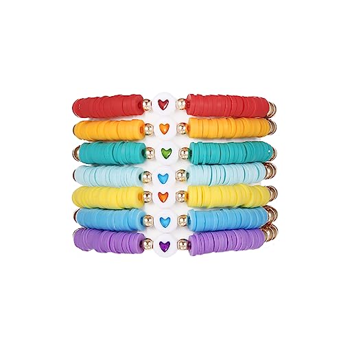 COLORFUL BLING 5-12Pcs Bohemian Love Heart Bead Bracelets for Women Vinyl Disc Heishi Surfer Stackable Stretch Bracelet Summer Beach Boho Jewelry - color: 7pcs pure
